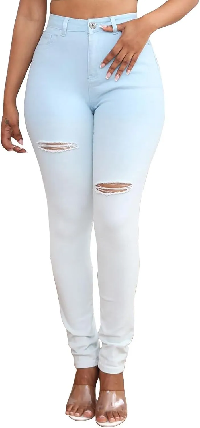 Lmdudan Skinny Ripped Jeans for Women High Waisted Stretch Butt Lifting Jeans Slim Fit Distressed Denim Pants Jeggings Jeans
