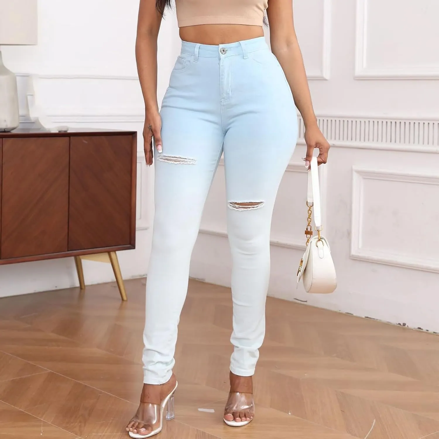 Lmdudan Skinny Ripped Jeans for Women High Waisted Stretch Butt Lifting Jeans Slim Fit Distressed Denim Pants Jeggings Jeans