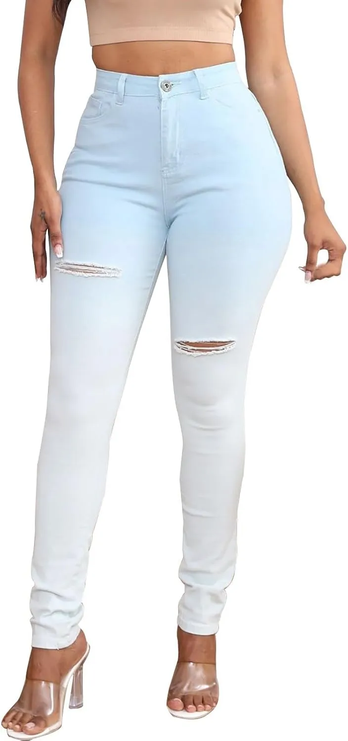 Lmdudan Skinny Ripped Jeans for Women High Waisted Stretch Butt Lifting Jeans Slim Fit Distressed Denim Pants Jeggings Jeans