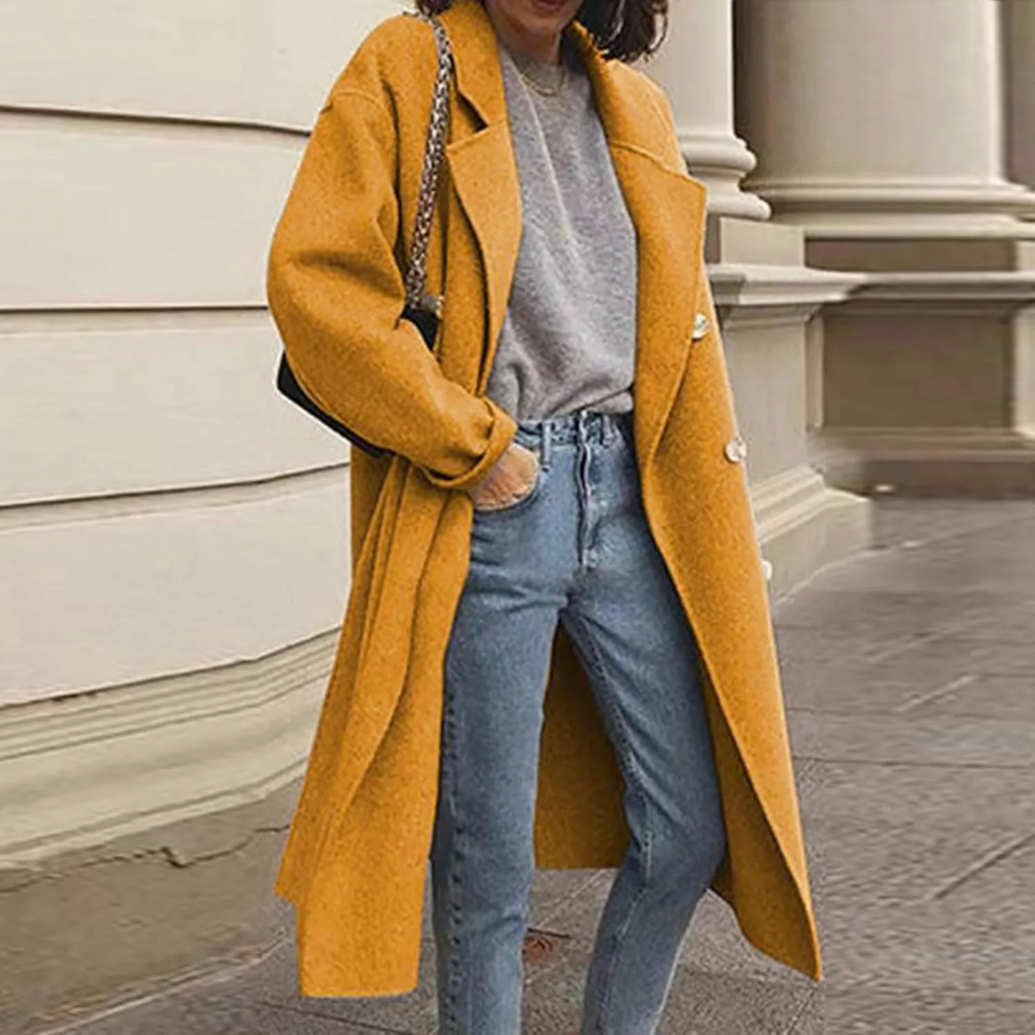 Lmdudan Women Casual Double Breasted Mid Long Pea Coat Winter Notched Lapel Wool Coat Jacket Overcoat Fashion Trench Coats
