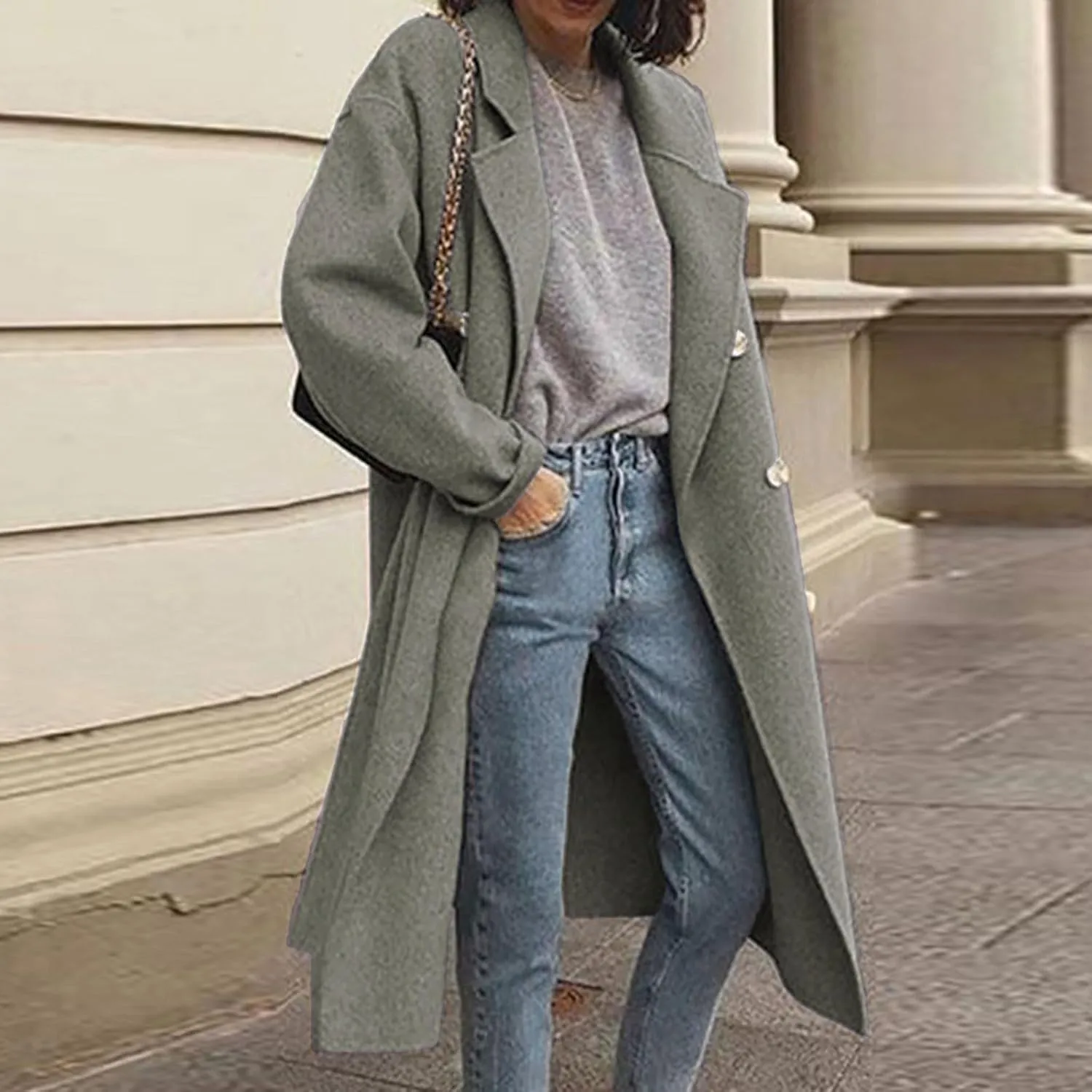 Lmdudan Women Casual Double Breasted Mid Long Pea Coat Winter Notched Lapel Wool Coat Jacket Overcoat Fashion Trench Coats