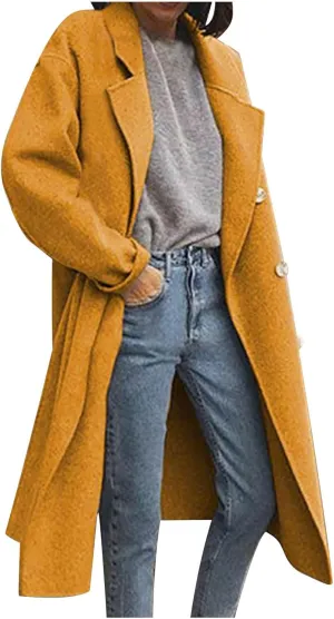 Lmdudan Women Casual Double Breasted Mid Long Pea Coat Winter Notched Lapel Wool Coat Jacket Overcoat Fashion Trench Coats