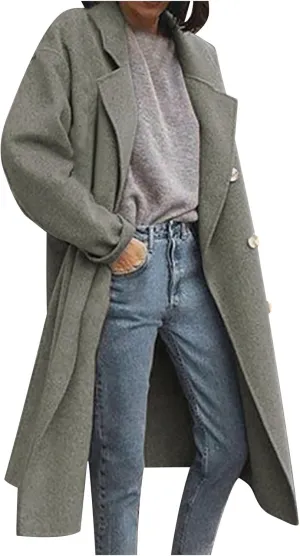 Lmdudan Women Casual Double Breasted Mid Long Pea Coat Winter Notched Lapel Wool Coat Jacket Overcoat Fashion Trench Coats