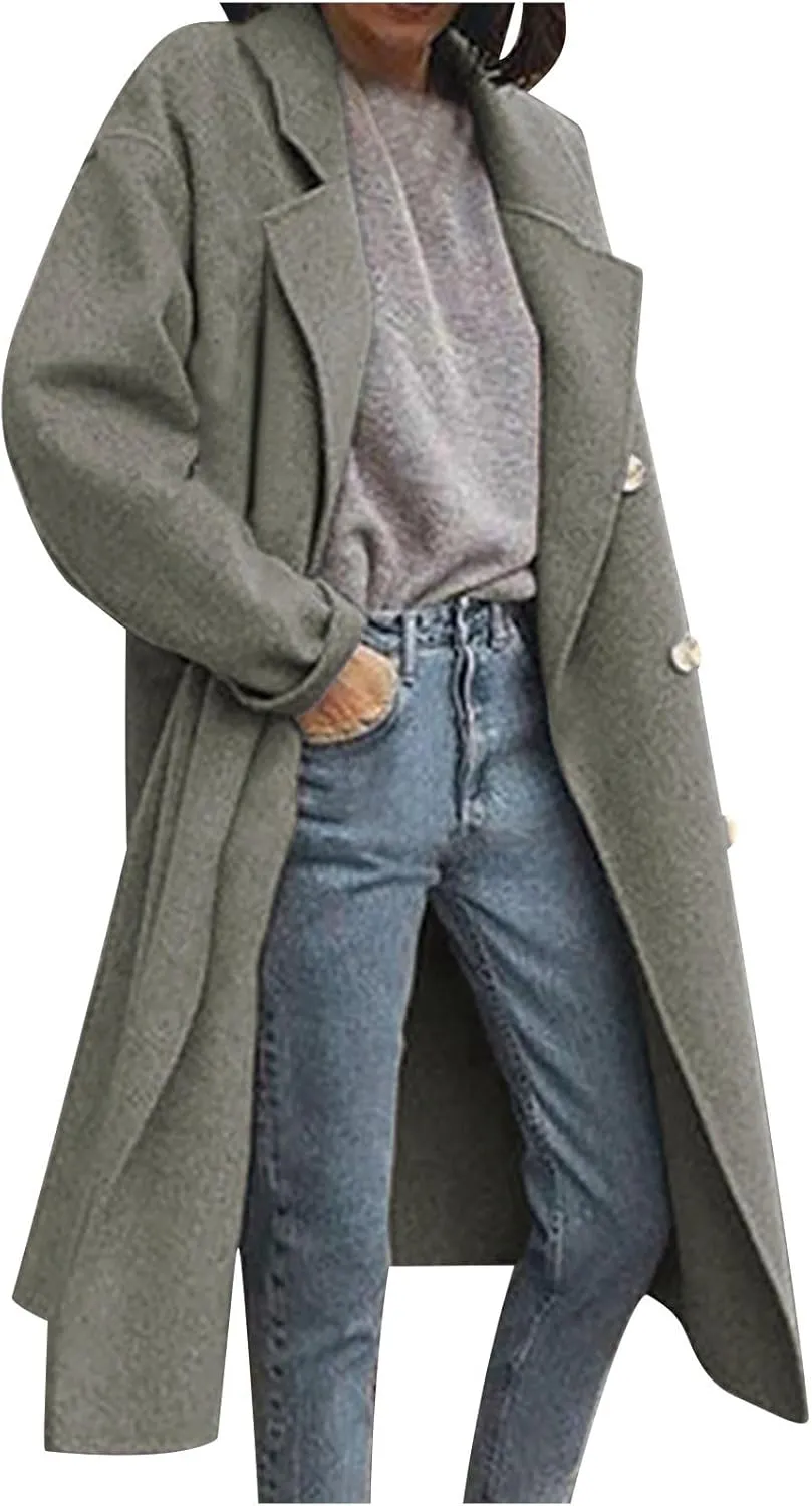 Lmdudan Women Casual Double Breasted Mid Long Pea Coat Winter Notched Lapel Wool Coat Jacket Overcoat Fashion Trench Coats