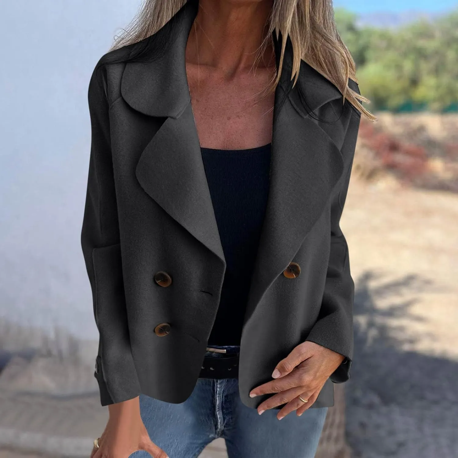 Lmdudan Women's Classic Notched Lapel Coat Double-Breasted Warm Pea Coat 2024 Fashion Solid Color Overcoat with Pockets