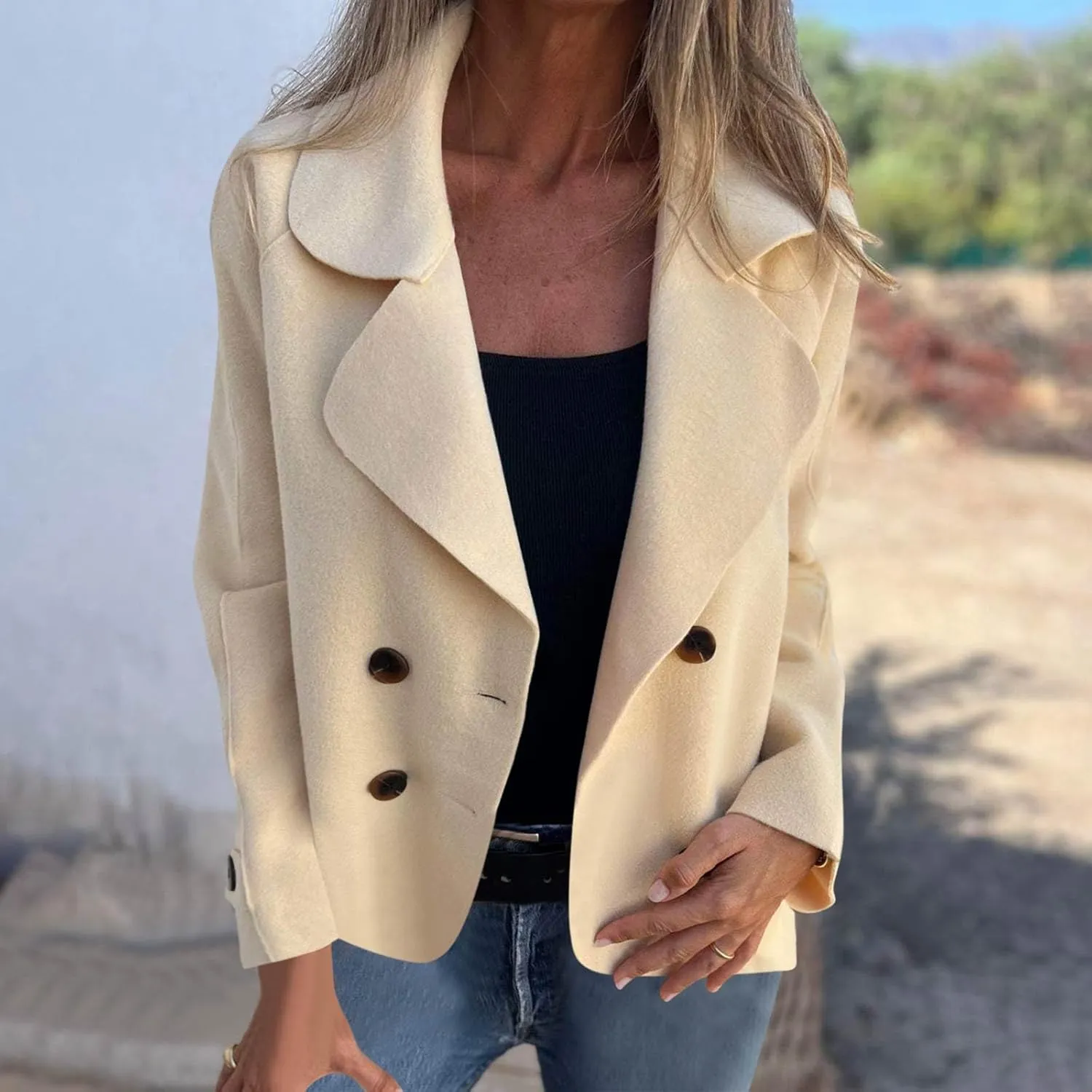 Lmdudan Women's Classic Notched Lapel Coat Double-Breasted Warm Pea Coat 2024 Fashion Solid Color Overcoat with Pockets