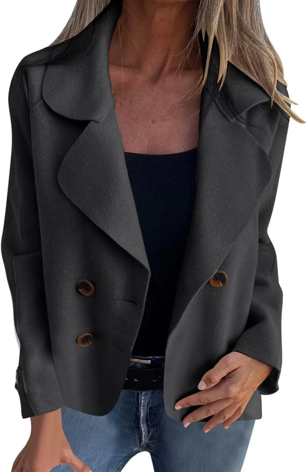 Lmdudan Women's Classic Notched Lapel Coat Double-Breasted Warm Pea Coat 2024 Fashion Solid Color Overcoat with Pockets