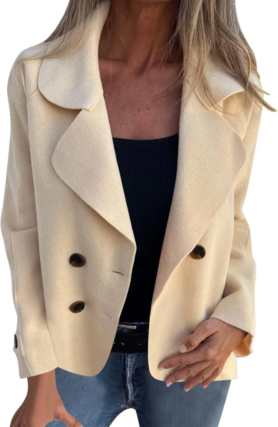 Lmdudan Women's Classic Notched Lapel Coat Double-Breasted Warm Pea Coat 2024 Fashion Solid Color Overcoat with Pockets