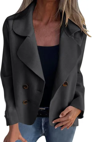 Lmdudan Women's Classic Notched Lapel Coat Double-Breasted Warm Pea Coat 2024 Fashion Solid Color Overcoat with Pockets