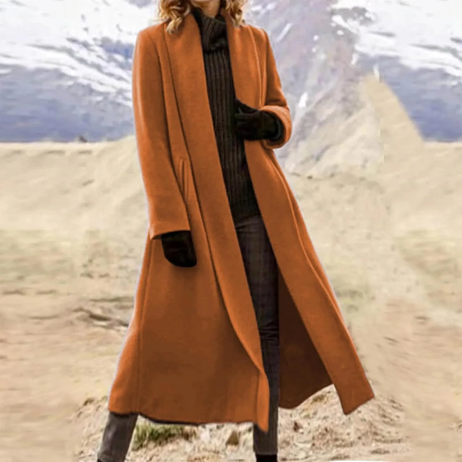 Lmdudan Women's Elegant Shawl Collar Open Front Wool Coat Formal Work Mid Long Winter Pea Coat 2024 Fashion Trench Coats