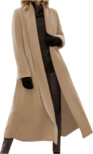 Lmdudan Women's Elegant Shawl Collar Open Front Wool Coat Formal Work Mid Long Winter Pea Coat 2024 Fashion Trench Coats