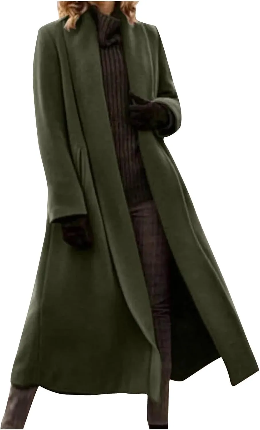 Lmdudan Women's Elegant Shawl Collar Open Front Wool Coat Formal Work Mid Long Winter Pea Coat 2024 Fashion Trench Coats