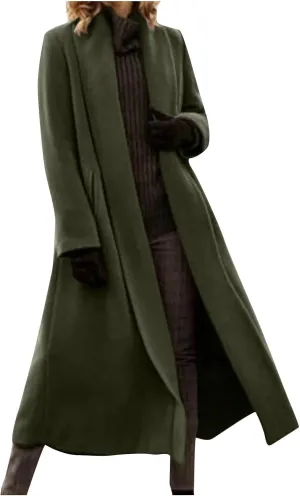 Lmdudan Women's Elegant Shawl Collar Open Front Wool Coat Formal Work Mid Long Winter Pea Coat 2024 Fashion Trench Coats