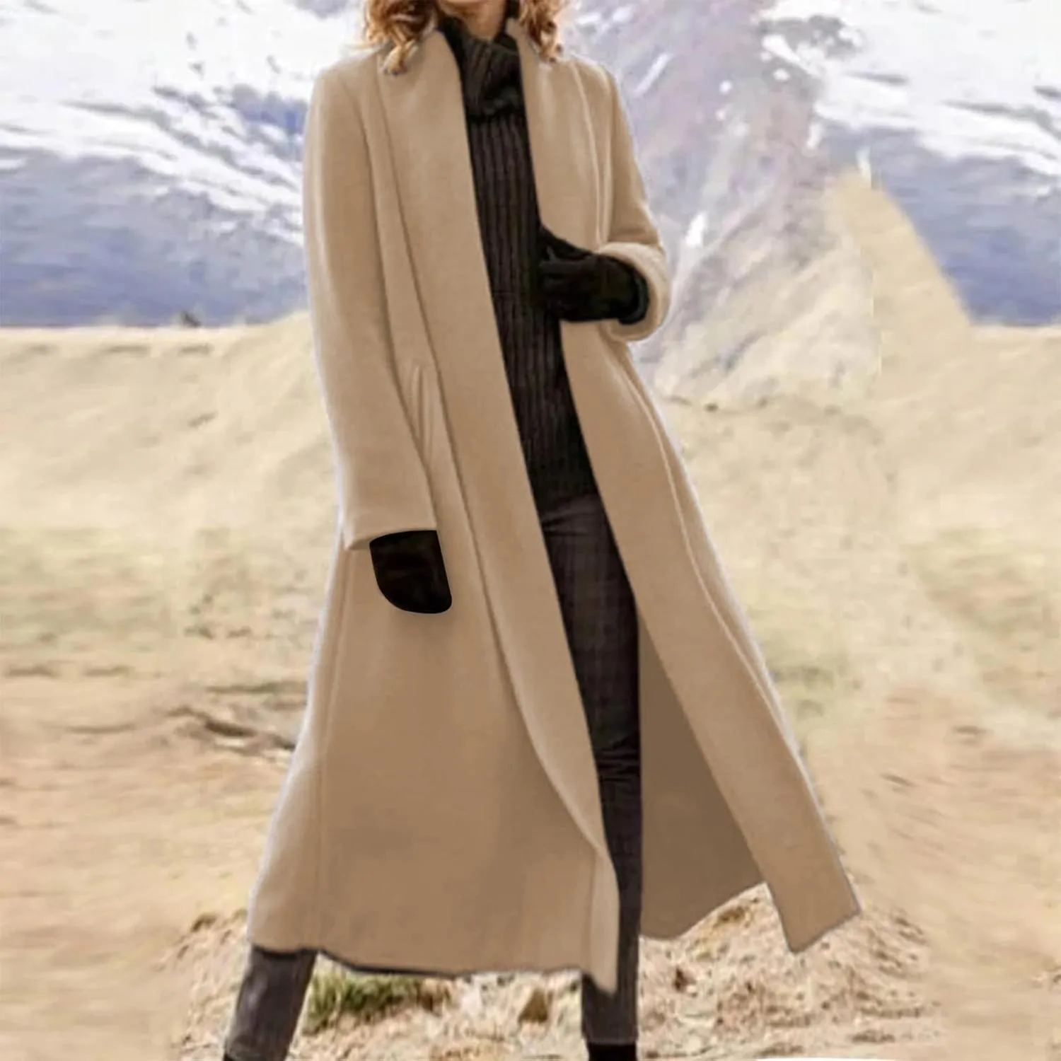 Lmdudan Women's Elegant Shawl Collar Open Front Wool Coat Formal Work Mid Long Winter Pea Coat 2024 Fashion Trench Coats
