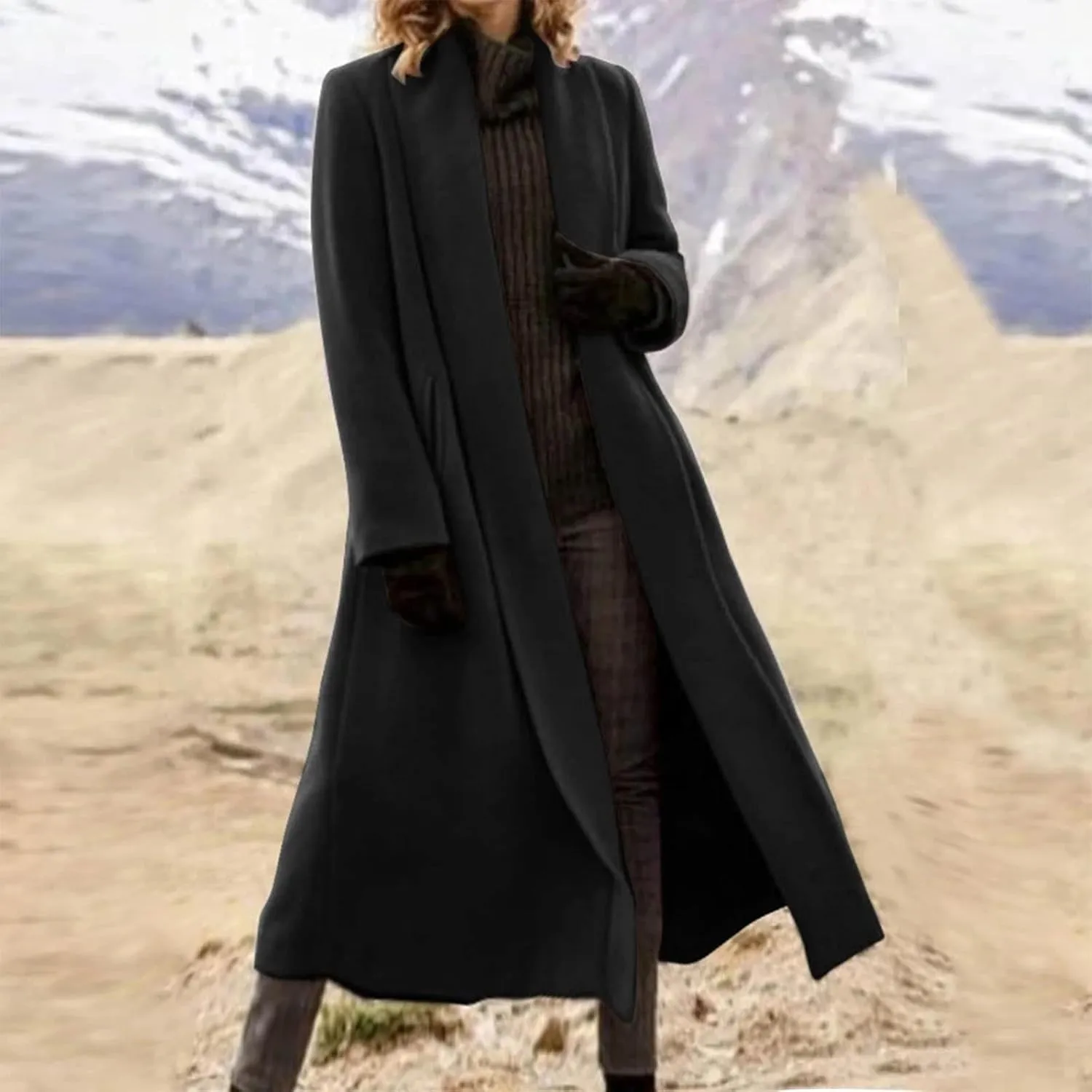 Lmdudan Women's Elegant Shawl Collar Open Front Wool Coat Formal Work Mid Long Winter Pea Coat 2024 Fashion Trench Coats