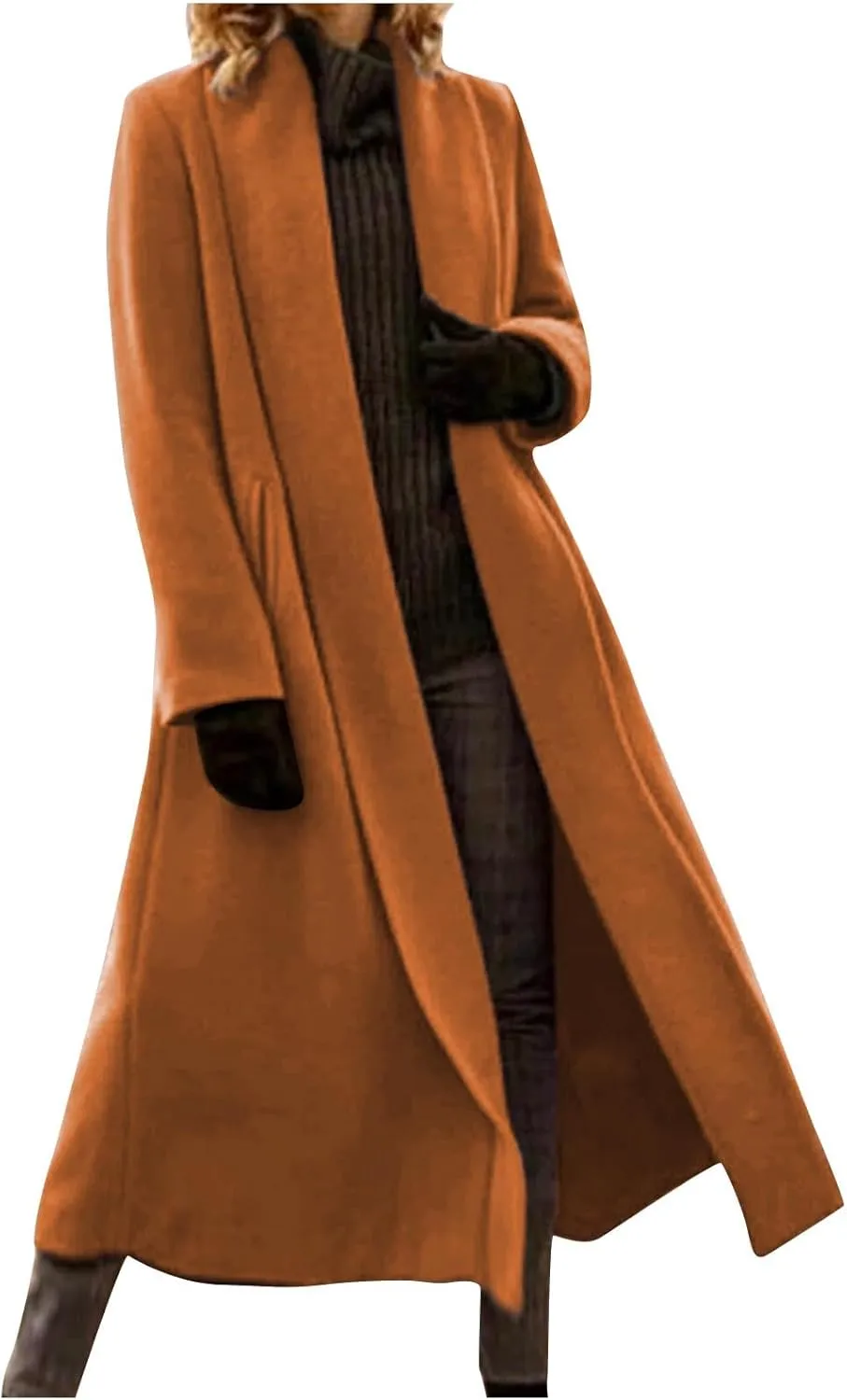 Lmdudan Women's Elegant Shawl Collar Open Front Wool Coat Formal Work Mid Long Winter Pea Coat 2024 Fashion Trench Coats