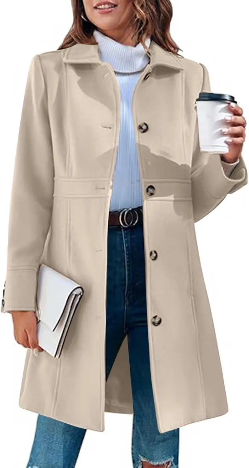 Lmdudan Women's Elegant Single Breasted Coat Long Sleeve Mid Winter Overcoat Work Office Pea Coats Fashion Trench Coats