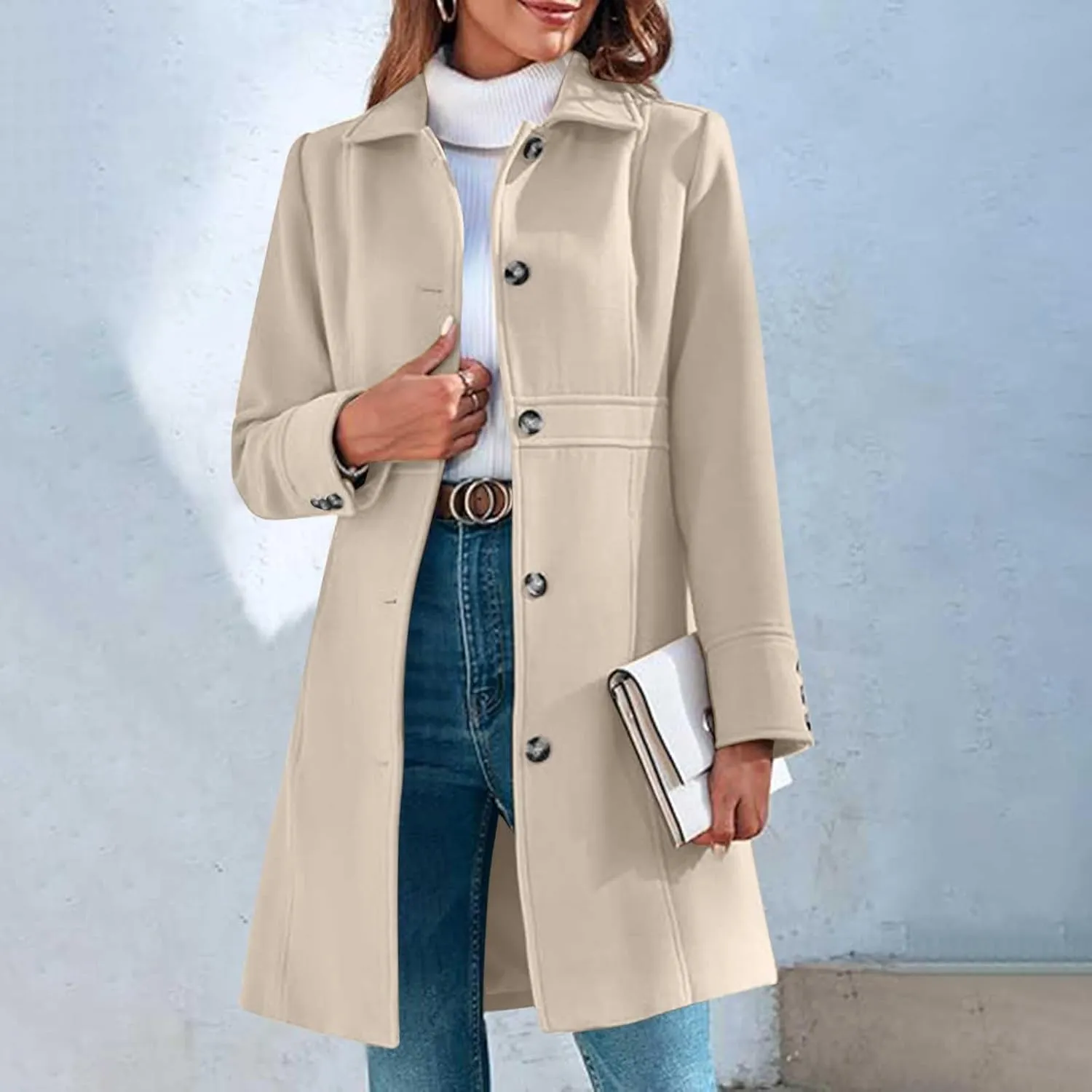 Lmdudan Women's Elegant Single Breasted Coat Long Sleeve Mid Winter Overcoat Work Office Pea Coats Fashion Trench Coats