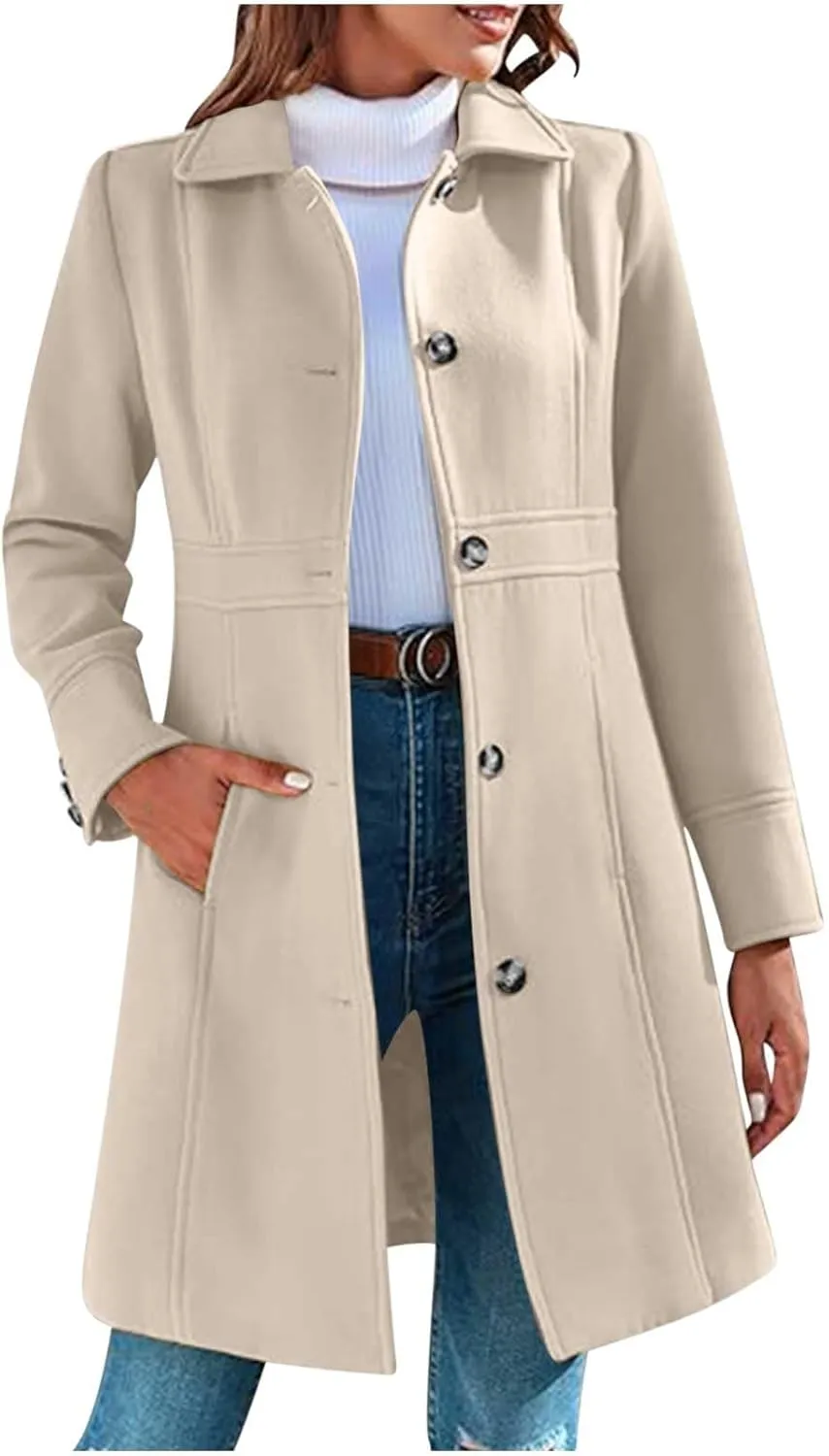 Lmdudan Women's Elegant Single Breasted Coat Long Sleeve Mid Winter Overcoat Work Office Pea Coats Fashion Trench Coats