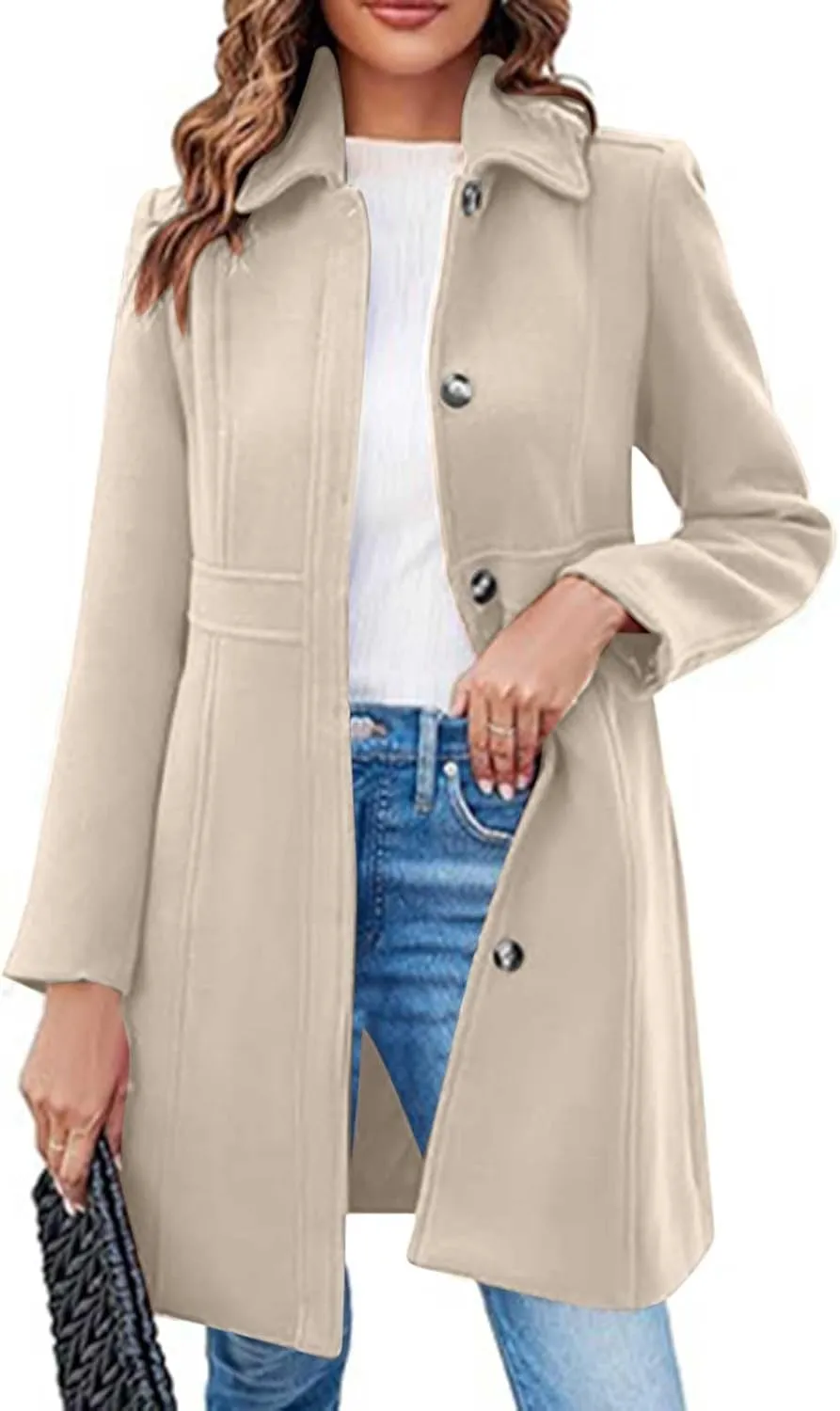 Lmdudan Women's Elegant Single Breasted Coat Long Sleeve Mid Winter Overcoat Work Office Pea Coats Fashion Trench Coats