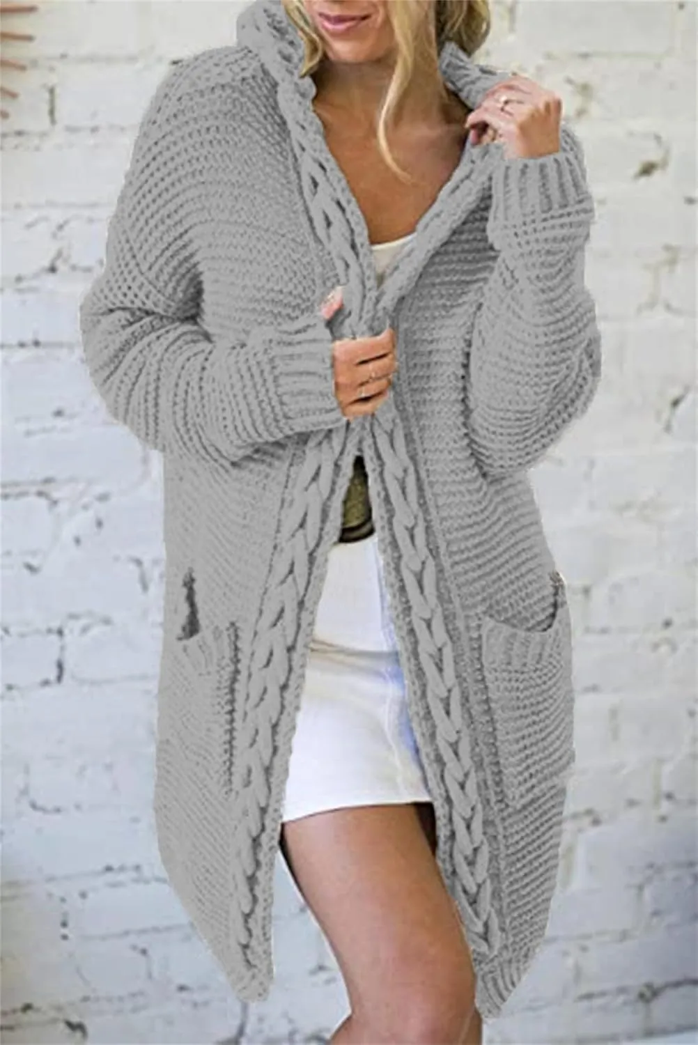 Long Cardigan Knit Sweaters for Women Chunky Cable Knit Open Front Cardigans Fall Sweaters Outwear Coats with Pockets