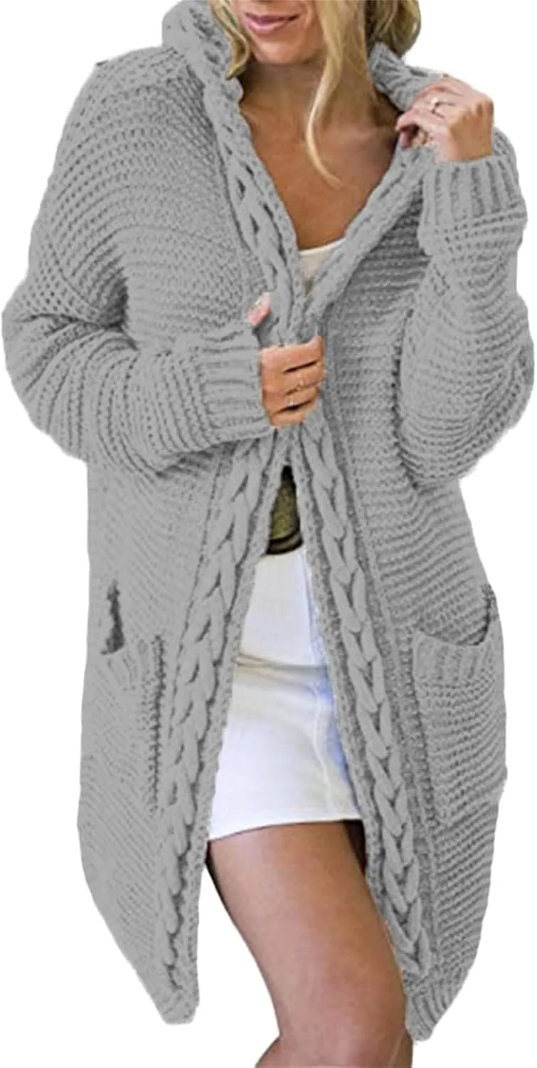 Long Cardigan Knit Sweaters for Women Chunky Cable Knit Open Front Cardigans Fall Sweaters Outwear Coats with Pockets