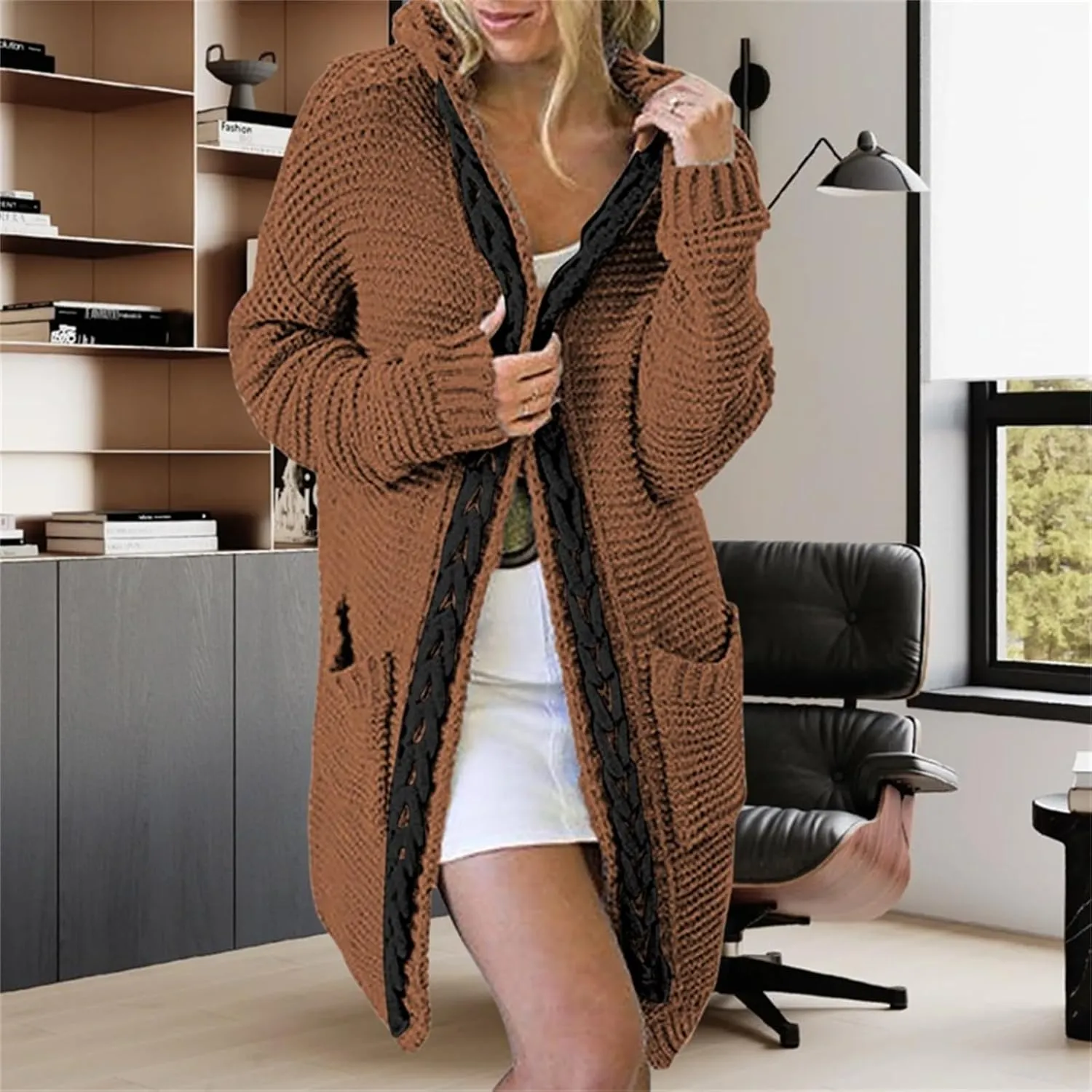 Long Cardigan Knit Sweaters for Women Chunky Cable Knit Open Front Cardigans Fall Sweaters Outwear Coats with Pockets