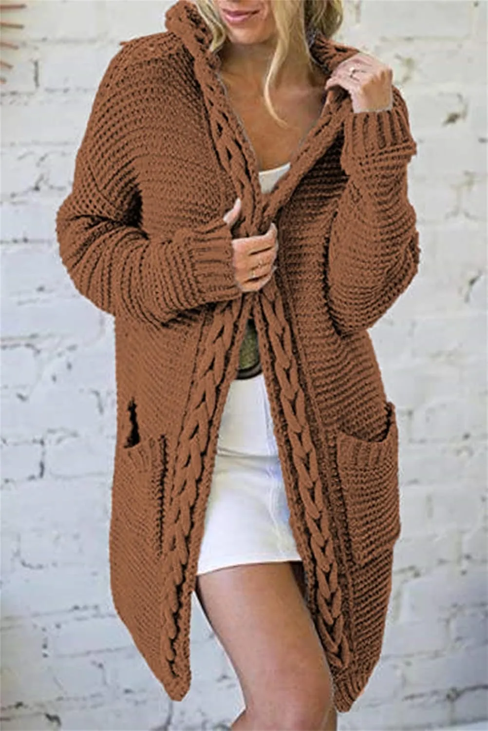 Long Cardigan Knit Sweaters for Women Chunky Cable Knit Open Front Cardigans Fall Sweaters Outwear Coats with Pockets