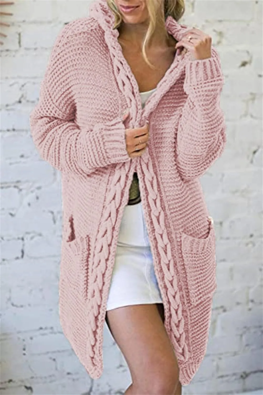 Long Cardigan Knit Sweaters for Women Chunky Cable Knit Open Front Cardigans Fall Sweaters Outwear Coats with Pockets