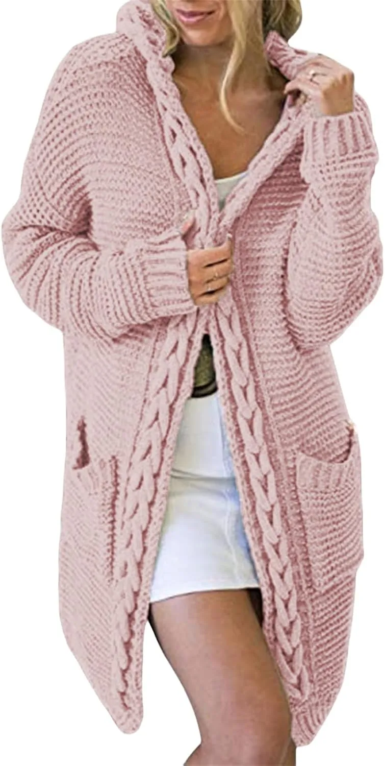 Long Cardigan Knit Sweaters for Women Chunky Cable Knit Open Front Cardigans Fall Sweaters Outwear Coats with Pockets