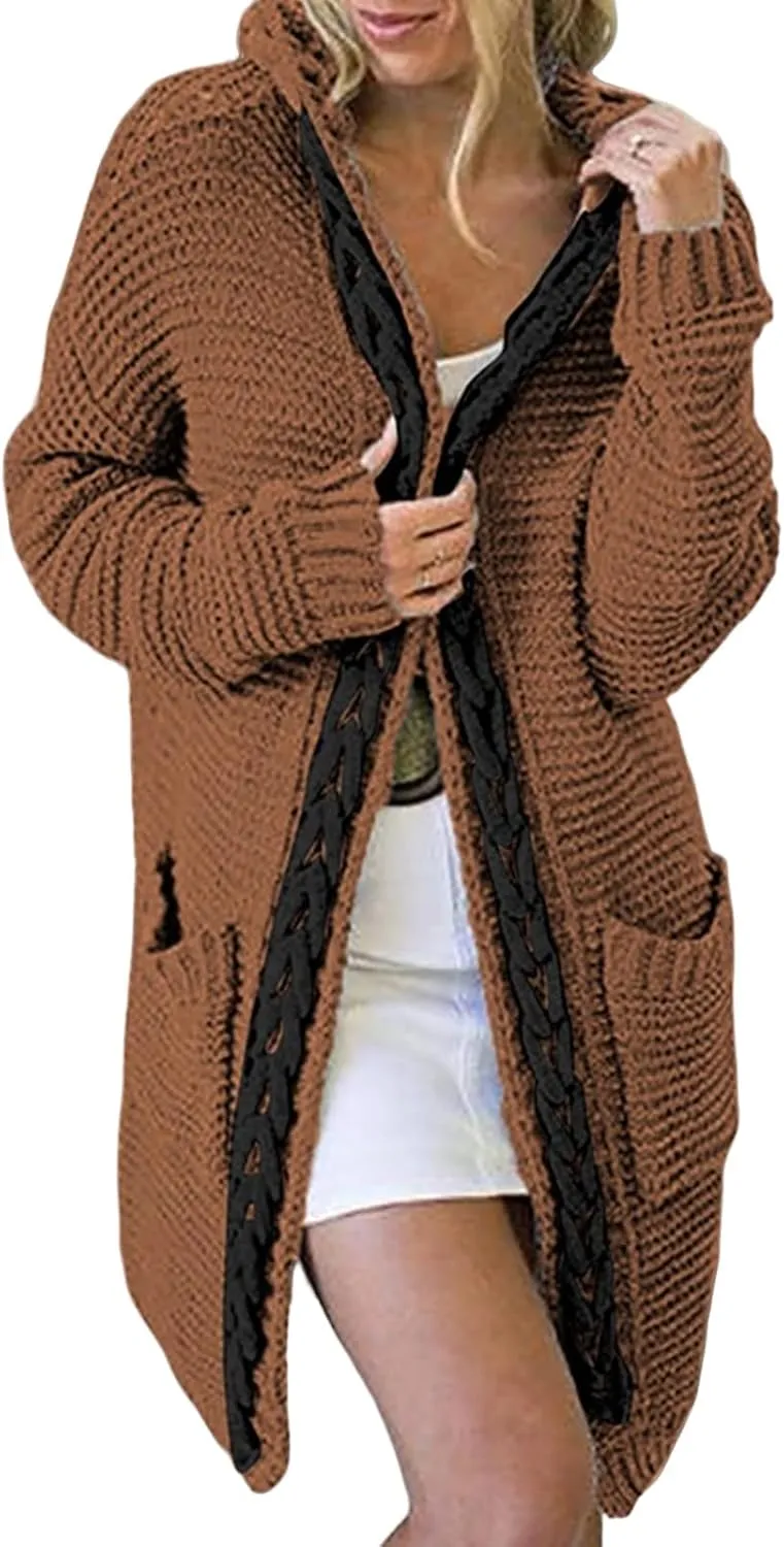 Long Cardigan Knit Sweaters for Women Chunky Cable Knit Open Front Cardigans Fall Sweaters Outwear Coats with Pockets