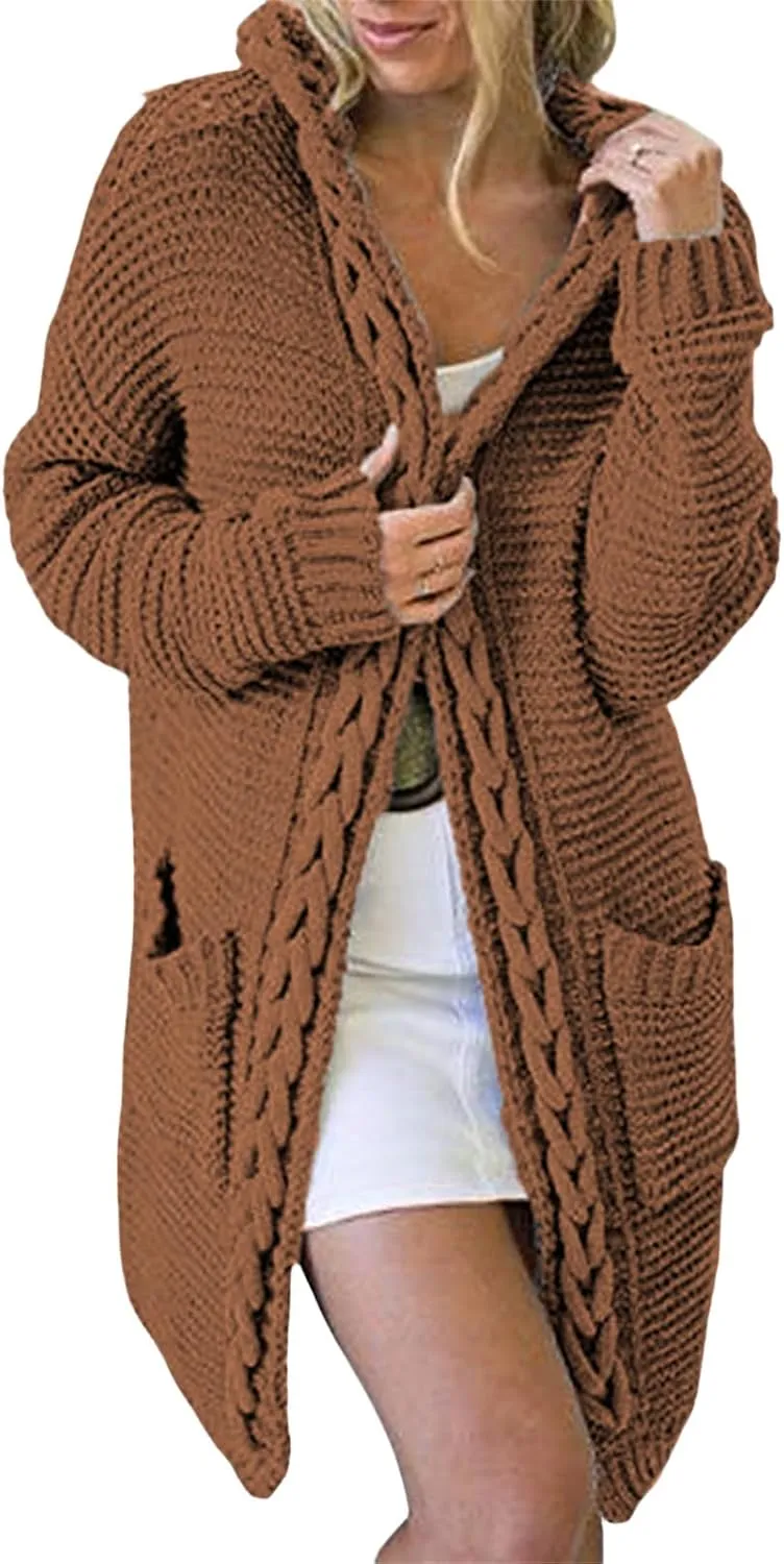 Long Cardigan Knit Sweaters for Women Chunky Cable Knit Open Front Cardigans Fall Sweaters Outwear Coats with Pockets