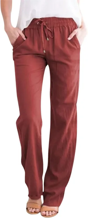 Long Lounge Pants for Women Drawstring Straight Leg Casual Pant Cotton Linen Cropped Pant Elastic Yoga Trousers with Pocket