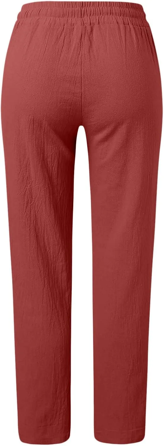 Long Lounge Pants for Women Drawstring Straight Leg Casual Pant Cotton Linen Cropped Pant Elastic Yoga Trousers with Pocket