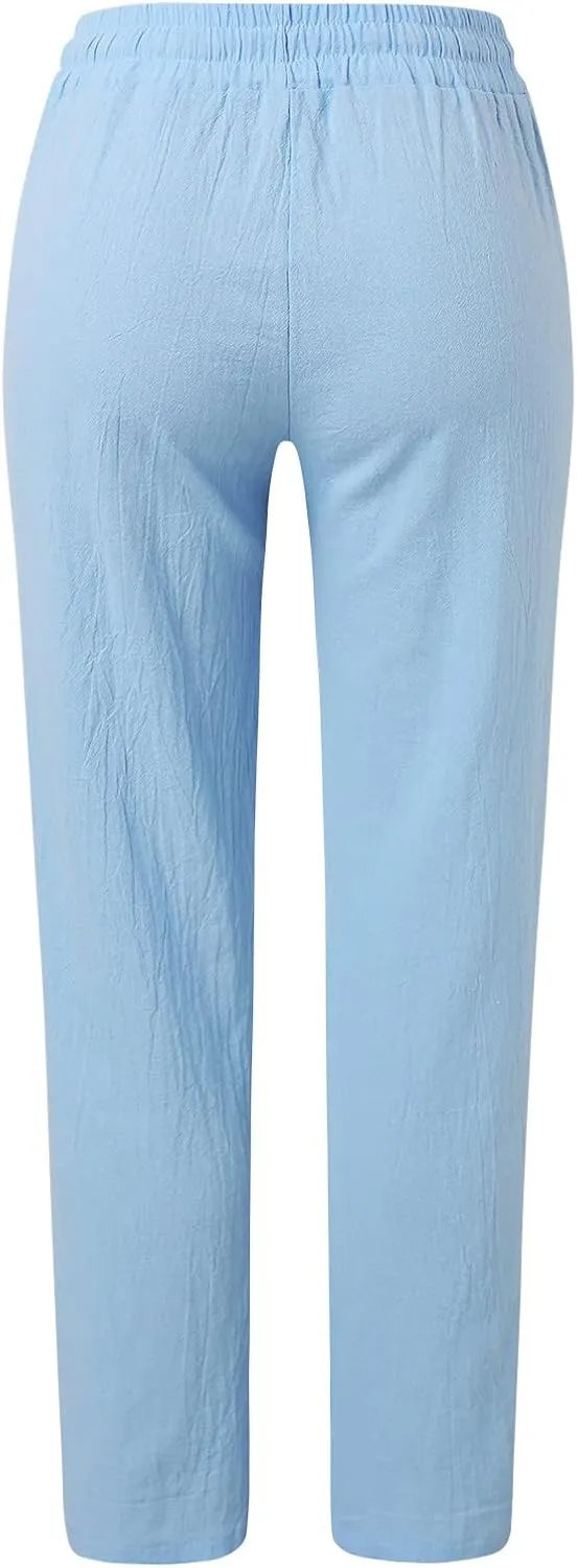 Long Lounge Pants for Women Drawstring Straight Leg Casual Pant Cotton Linen Cropped Pant Elastic Yoga Trousers with Pocket