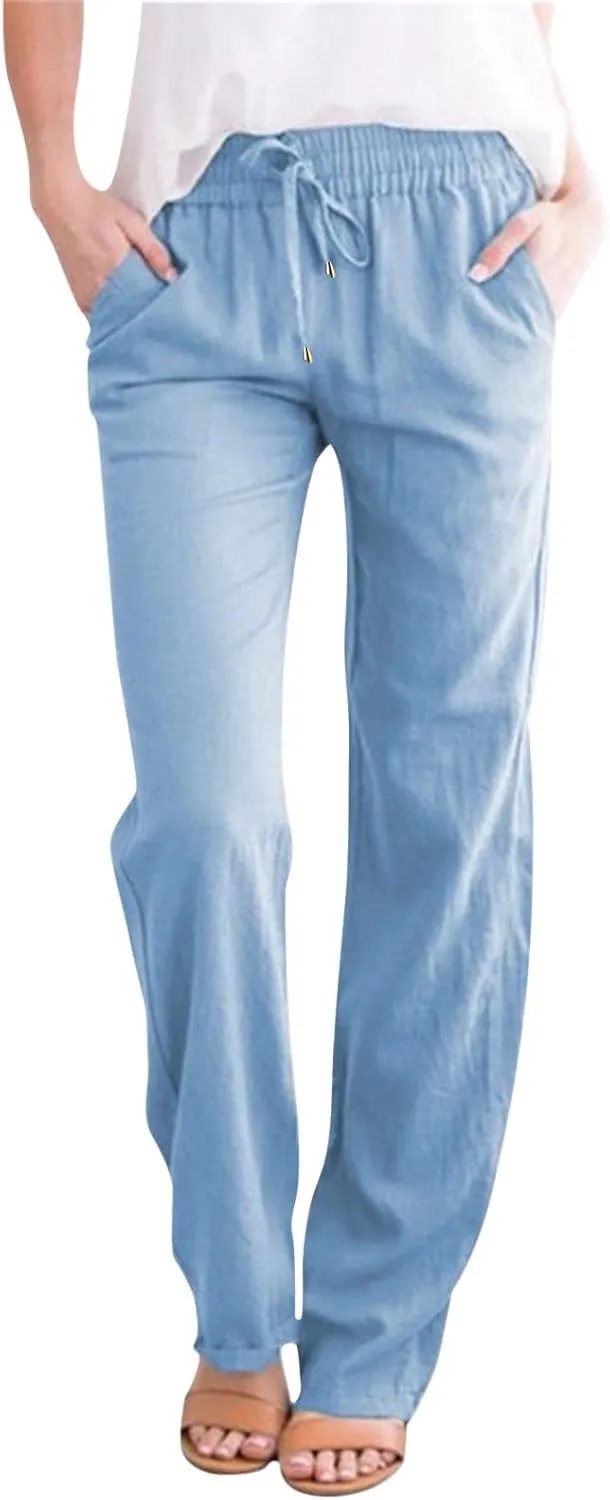 Long Lounge Pants for Women Drawstring Straight Leg Casual Pant Cotton Linen Cropped Pant Elastic Yoga Trousers with Pocket