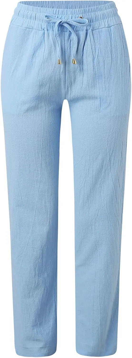 Long Lounge Pants for Women Drawstring Straight Leg Casual Pant Cotton Linen Cropped Pant Elastic Yoga Trousers with Pocket