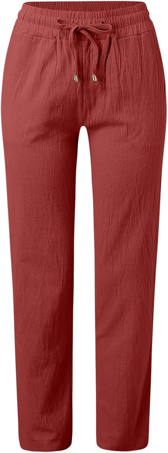Long Lounge Pants for Women Drawstring Straight Leg Casual Pant Cotton Linen Cropped Pant Elastic Yoga Trousers with Pocket