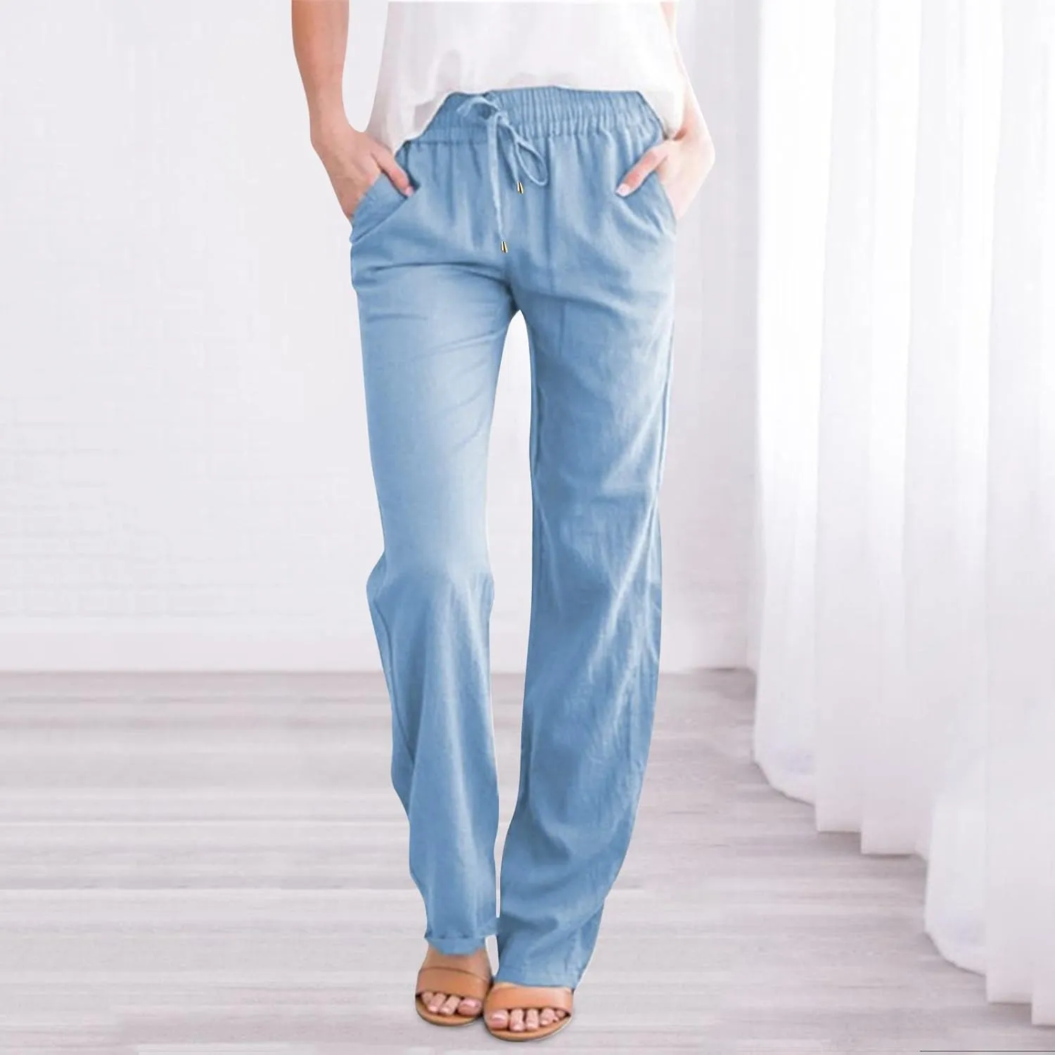Long Lounge Pants for Women Drawstring Straight Leg Casual Pant Cotton Linen Cropped Pant Elastic Yoga Trousers with Pocket