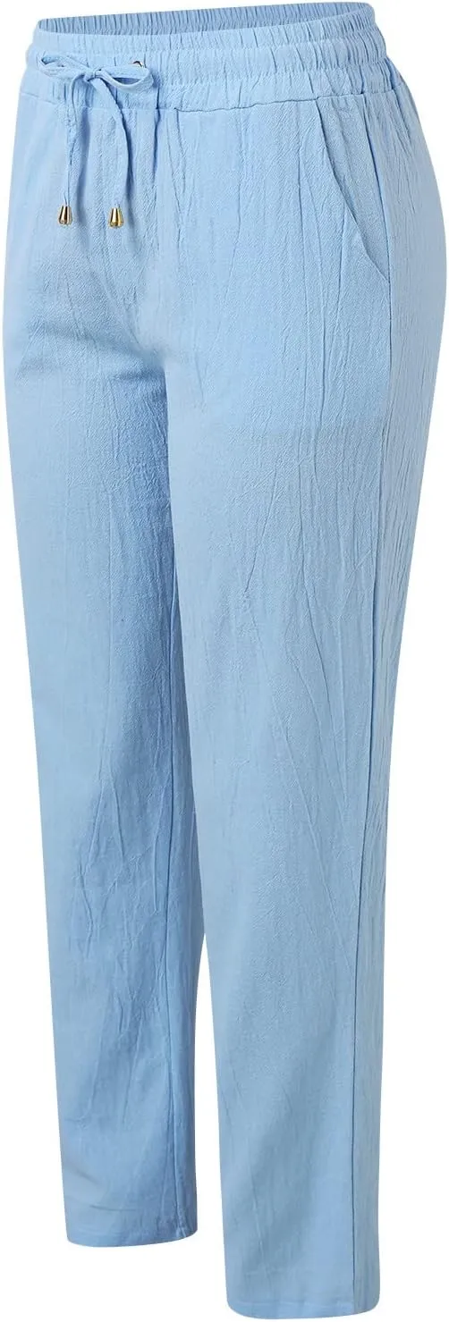 Long Lounge Pants for Women Drawstring Straight Leg Casual Pant Cotton Linen Cropped Pant Elastic Yoga Trousers with Pocket
