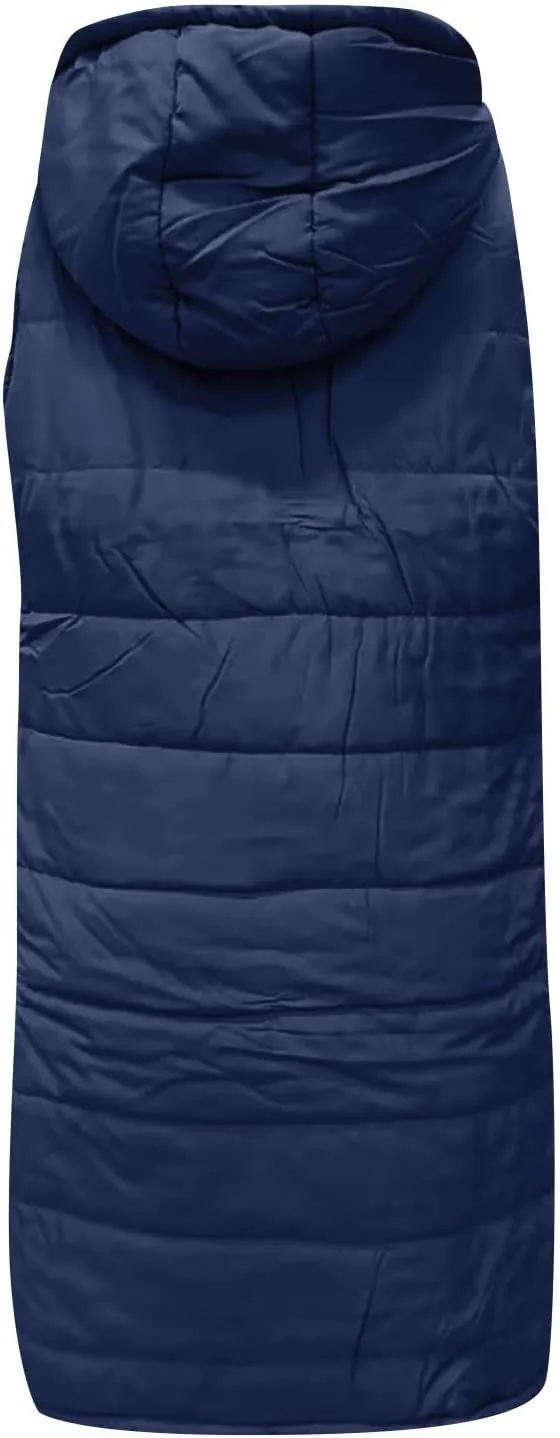 Long Puffer Vest Women Quilted Hooded Jackets Sleeveless Puffy Vest Zip Up Padded Jacket Warm Winter Coat Outerwear