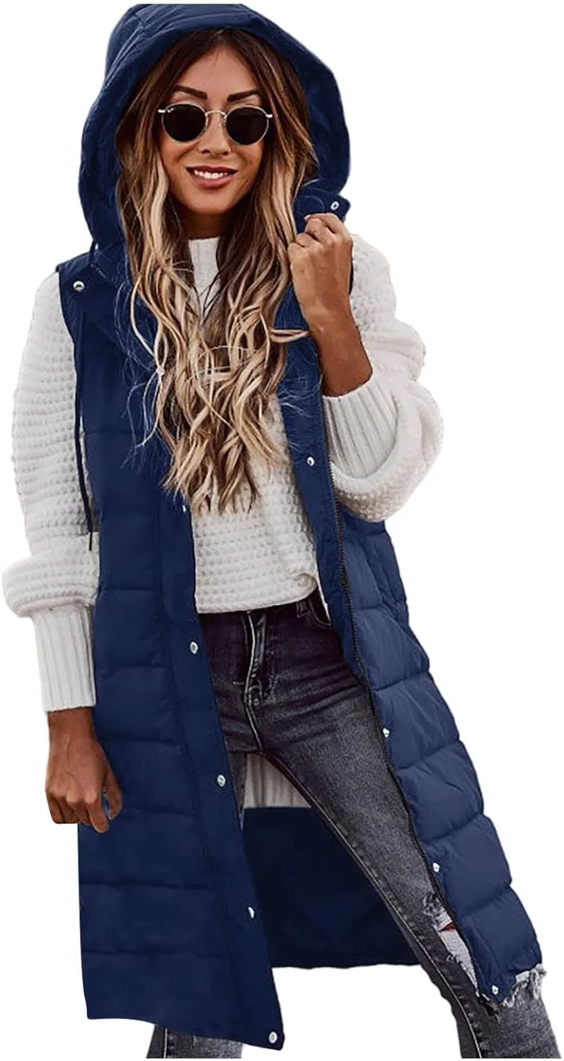 Long Puffer Vest Women Quilted Hooded Jackets Sleeveless Puffy Vest Zip Up Padded Jacket Warm Winter Coat Outerwear
