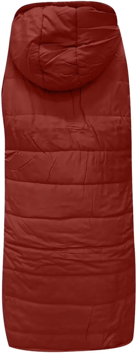 Long Puffer Vest Women Quilted Hooded Jackets Sleeveless Puffy Vest Zip Up Padded Jacket Warm Winter Coat Outerwear