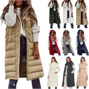 Long Puffer Vest Women Quilted Hooded Jackets Sleeveless Puffy Vest Zip Up Padded Jacket Warm Winter Coat Outerwear