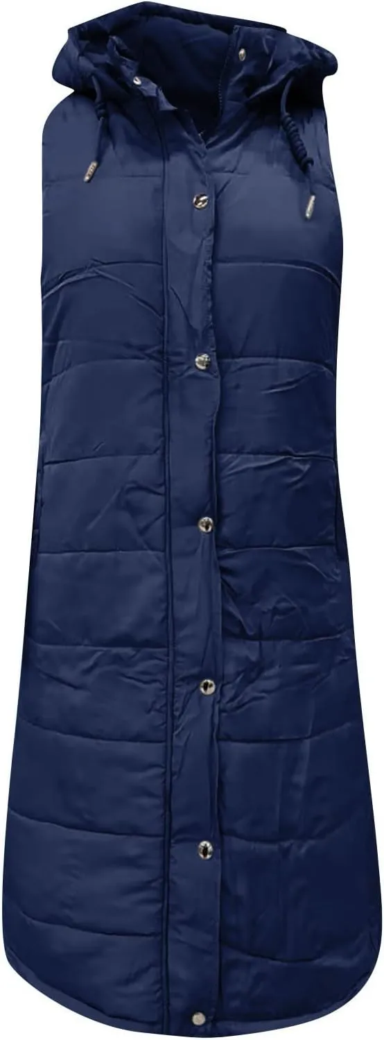 Long Puffer Vest Women Quilted Hooded Jackets Sleeveless Puffy Vest Zip Up Padded Jacket Warm Winter Coat Outerwear
