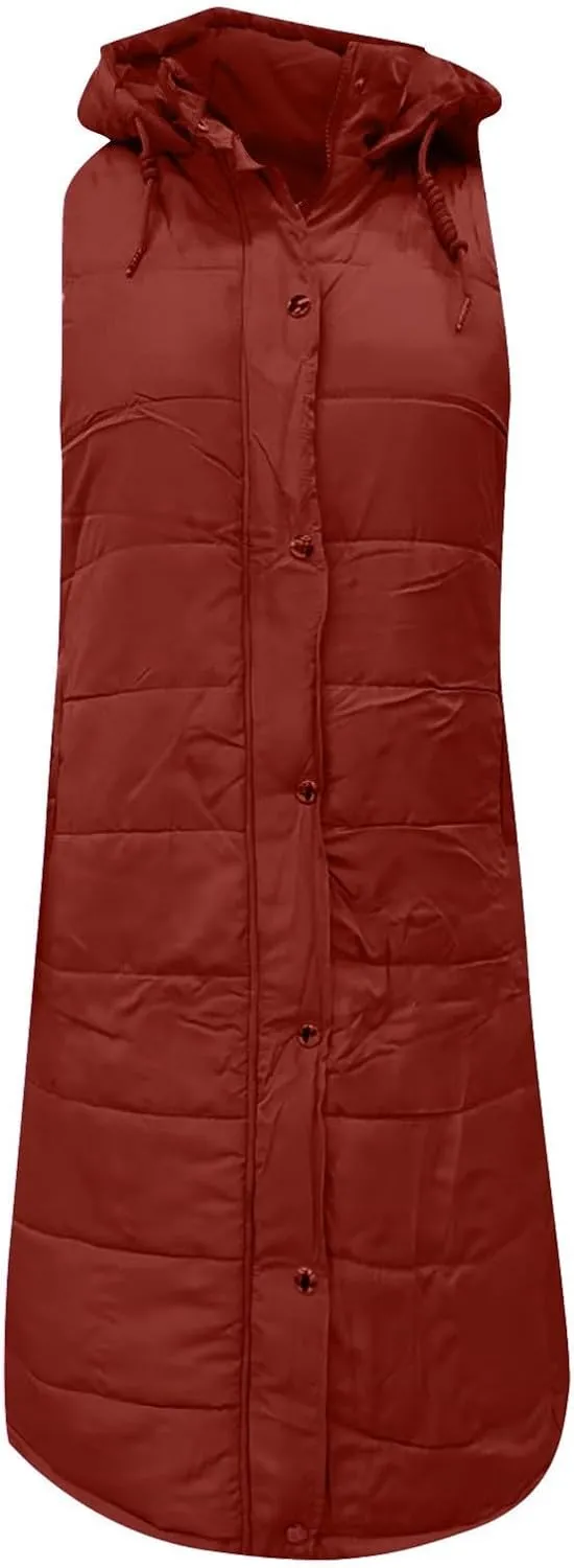 Long Puffer Vest Women Quilted Hooded Jackets Sleeveless Puffy Vest Zip Up Padded Jacket Warm Winter Coat Outerwear
