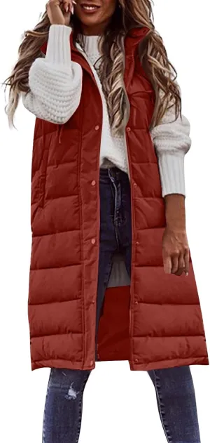 Long Puffer Vest Women Quilted Hooded Jackets Sleeveless Puffy Vest Zip Up Padded Jacket Warm Winter Coat Outerwear