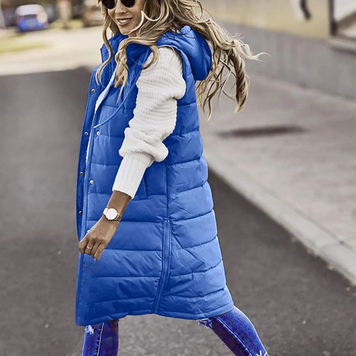 Long Puffer Vest Women With Hood Warm Sleeveless Solid Color Down Jacket Winter Lightweight Zipper Button Puffy Vest