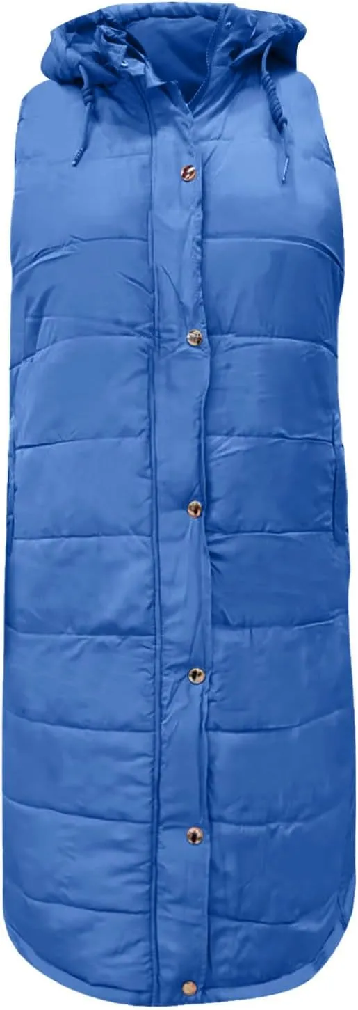 Long Puffer Vest Women With Hood Warm Sleeveless Solid Color Down Jacket Winter Lightweight Zipper Button Puffy Vest