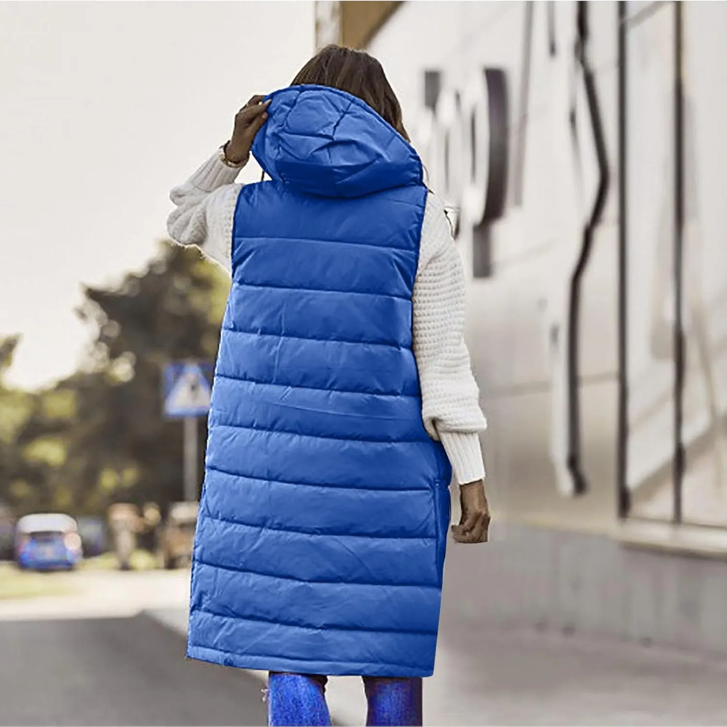 Long Puffer Vest Women With Hood Warm Sleeveless Solid Color Down Jacket Winter Lightweight Zipper Button Puffy Vest